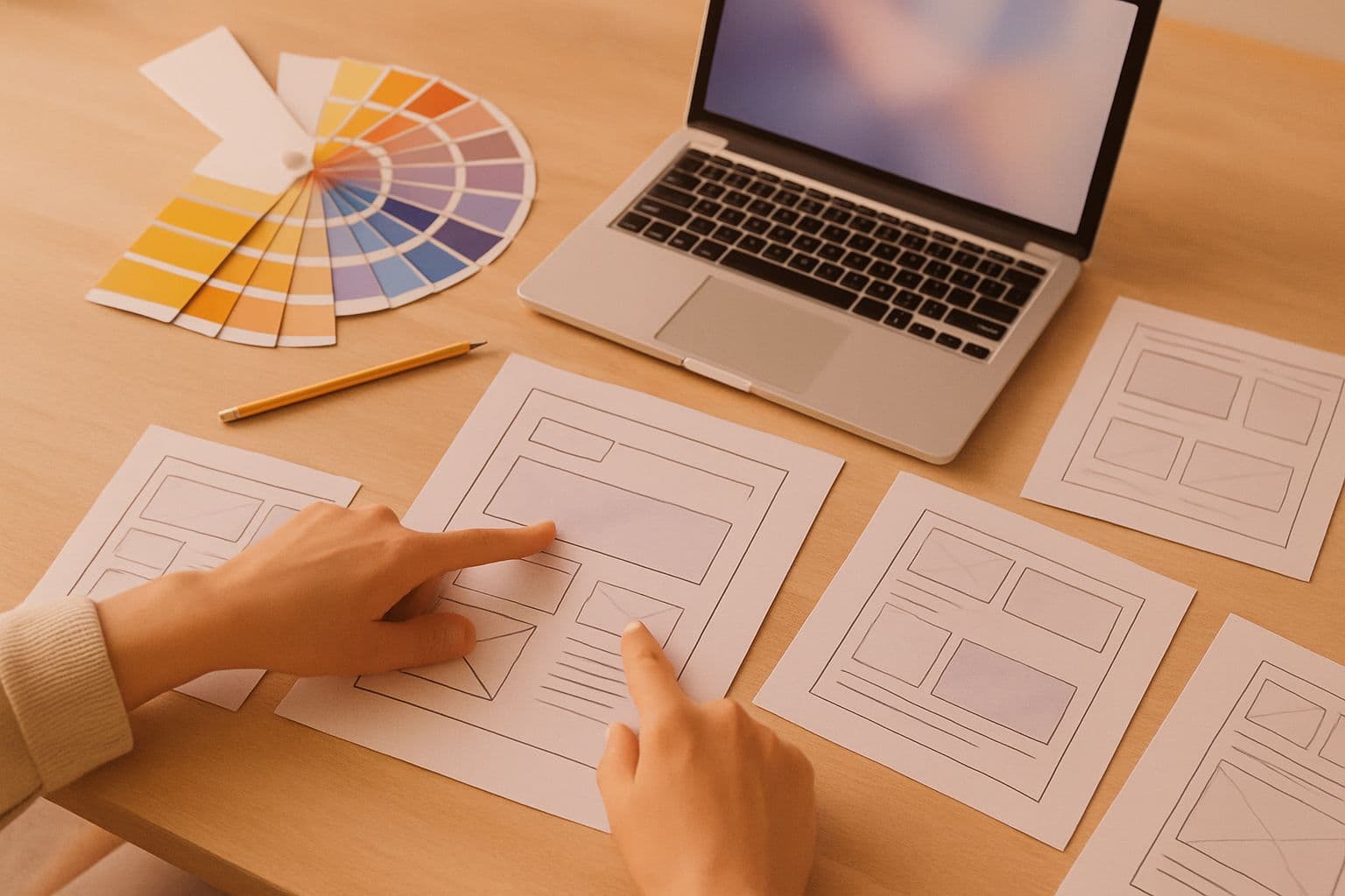A web designer's desk with colour swatches and sketches beside a laptop