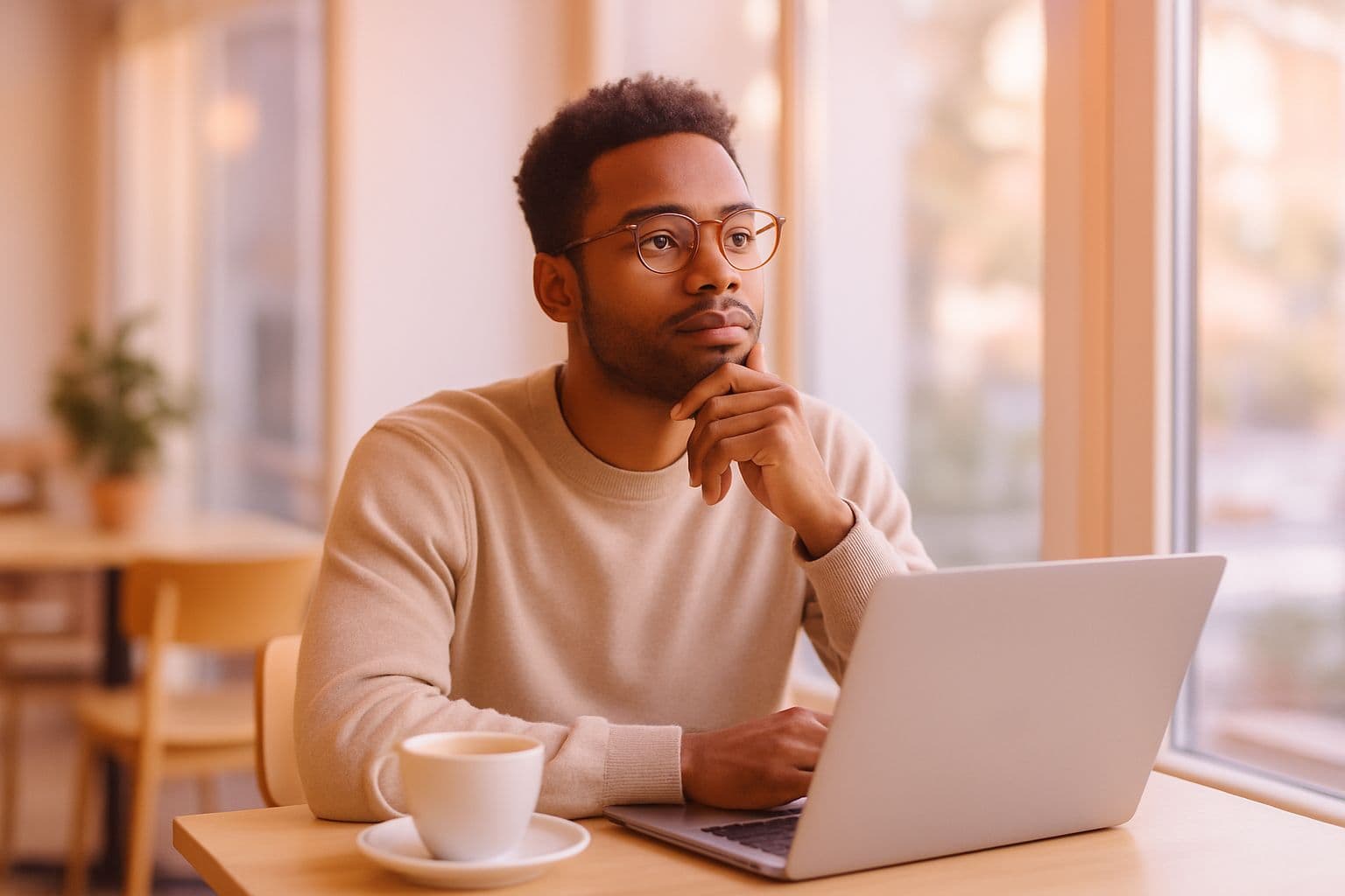A small business owner working on a laptop at a bright café table