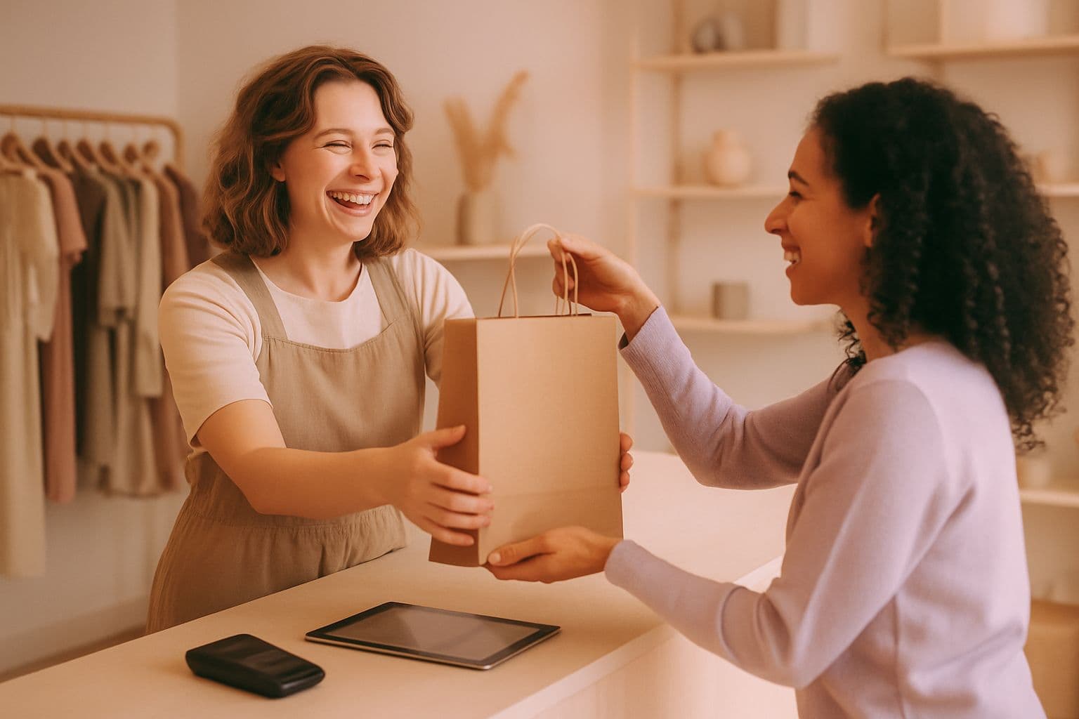 A cheerful shop owner serving a customer at a modern counter