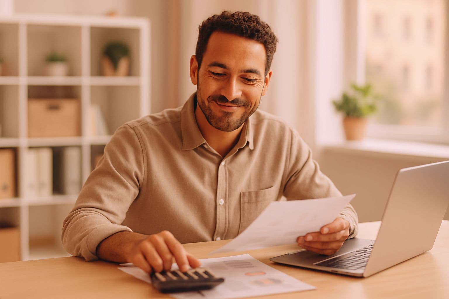 A small business owner reviewing costs with a calculator and notebook