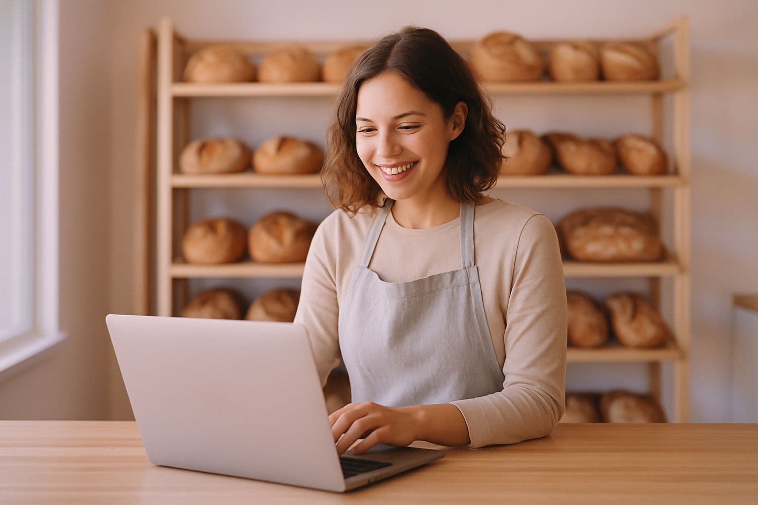 A smiling bakery owner using a laptop on the counter of her bright bakery