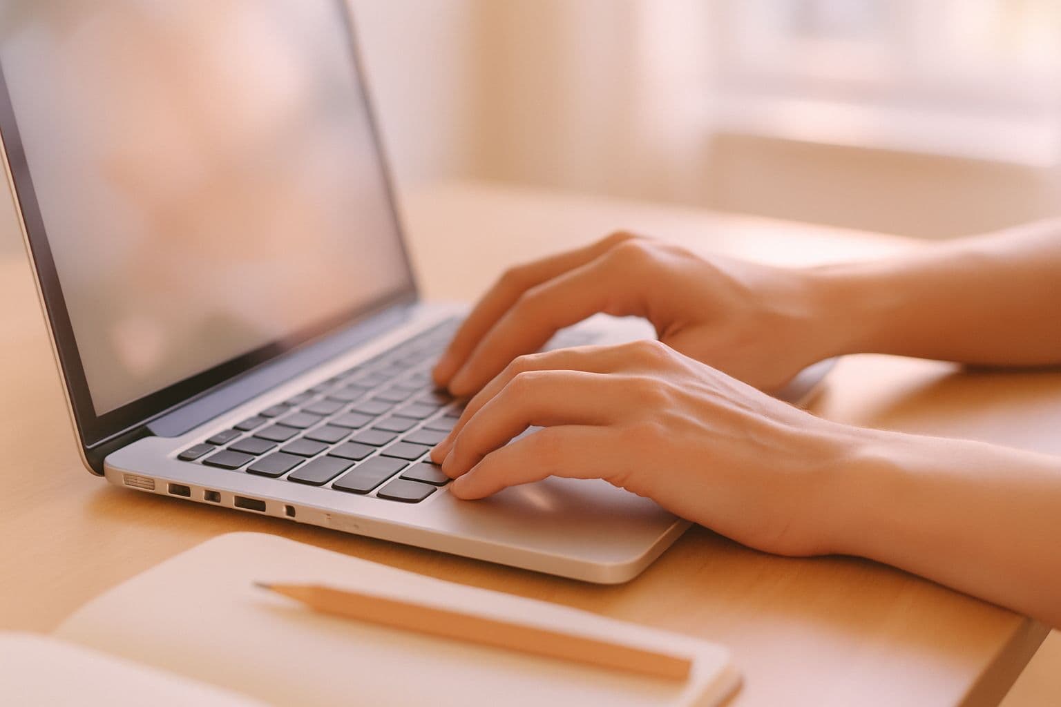 A person typing on a laptop in a calm, light-filled workspace