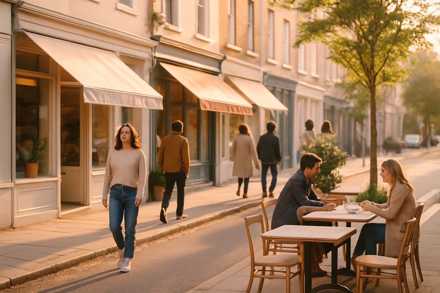 A neighbourhood street of independent shops with a café on the corner