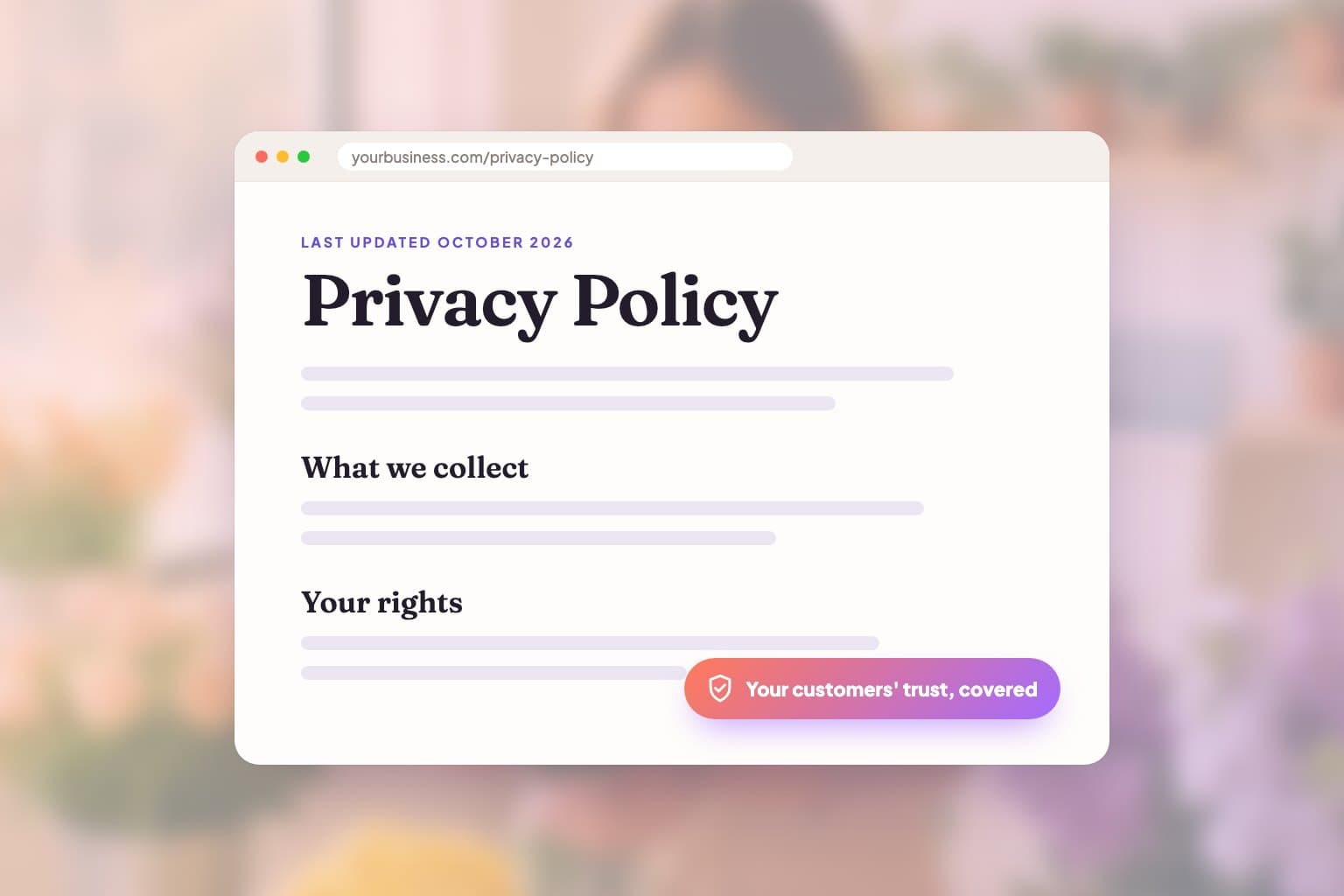 A privacy policy page in a browser window over a softly blurred flower shop